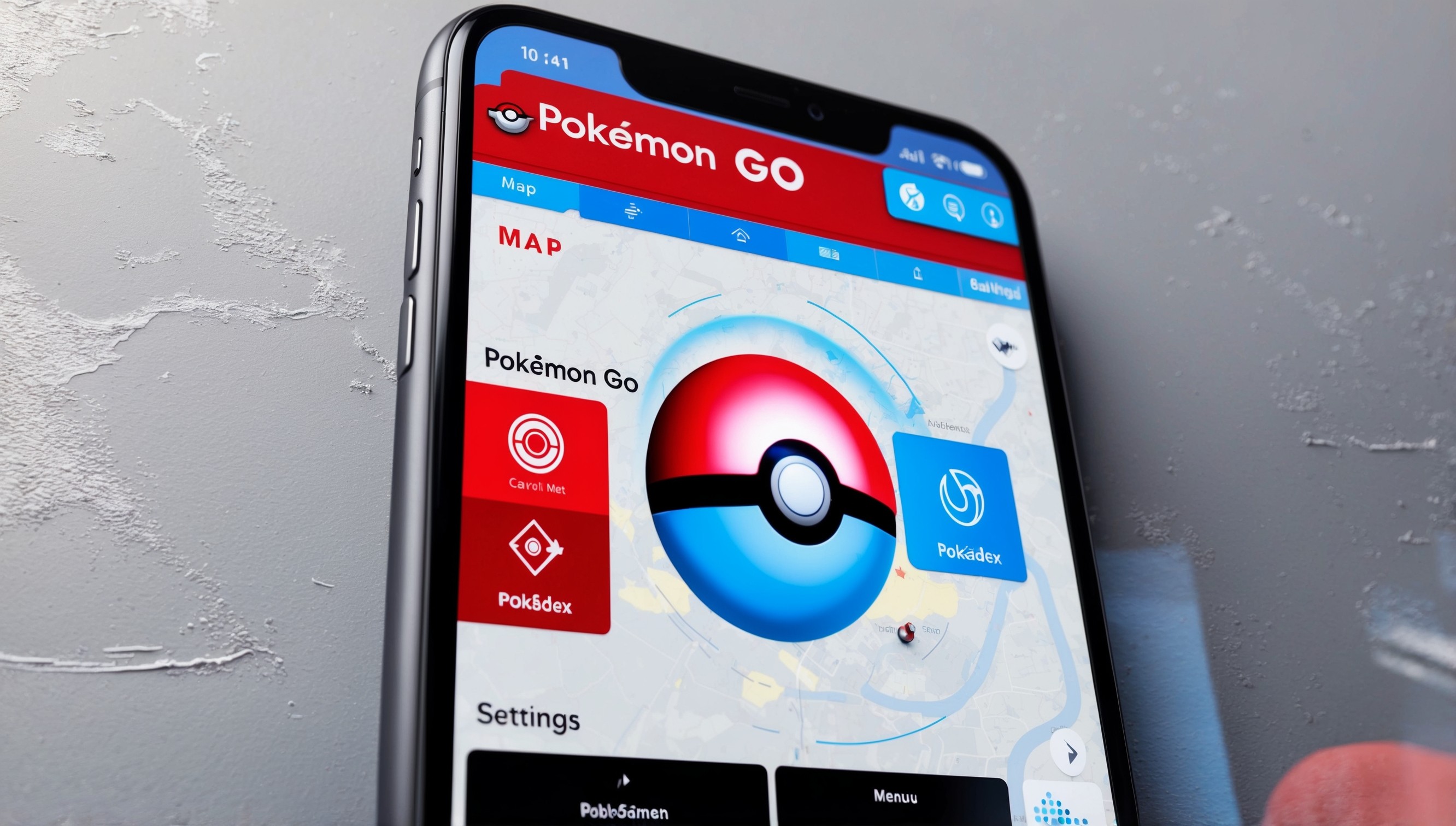 A screenshot of the Pokémon GO app on a modern smartphone, showcasing the main interface with a bold, red and blue color scheme, featuring a bright, glowing Poké Ball at the center, surrounded by various icons and menus, including the map view, Pokédex, and settings, with a subtle, textured background resembling a wear-and-tear effect, and a sleek, modern font displaying the app's logo and menu options, set against a clean, light-gray tone, with a hint of digital glare on the screen, capturing the essence of the popular mobile game.