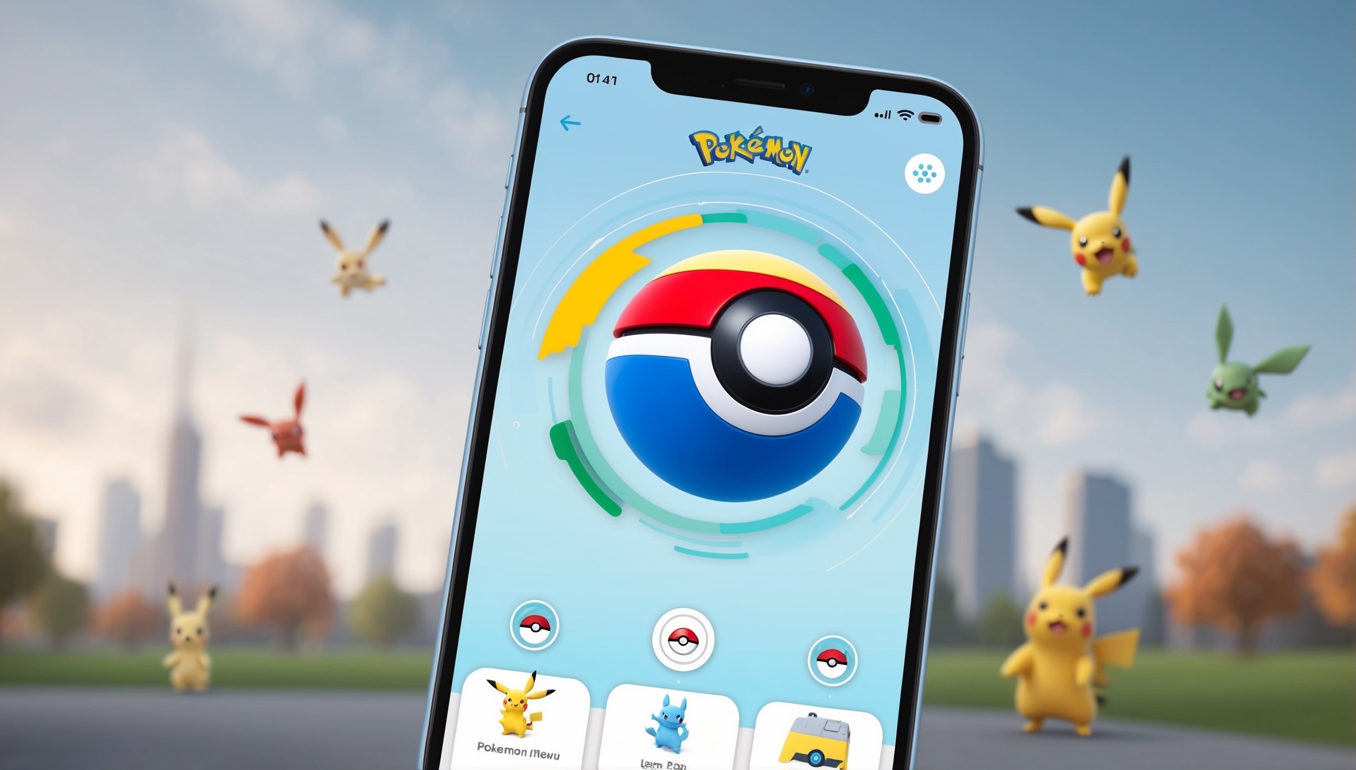 <updated_prompt>
A screenshot of the Pokémon GO app on a modern smartphone, showcasing the main interface with a clean and minimalistic design, featuring a light blue and white color scheme with accents of bright colors, such as red, yellow, and green, representing the various Pokémon types, with the Pokémon GO logo prominently displayed at the top, a stylized white Poké Ball with a blue top and a red stripe, surrounded by a subtle circular pattern, on a soft, gradient blue background, with a navigation bar at the bottom featuring icons for different in-app features, such as the Pokémon menu, the map view, and the item bag, set against a blurred, out-of-focus cityscape or park environment, with a few Pokémon roaming in the distance, subtly integrated into the UI.
</updated.prompt>