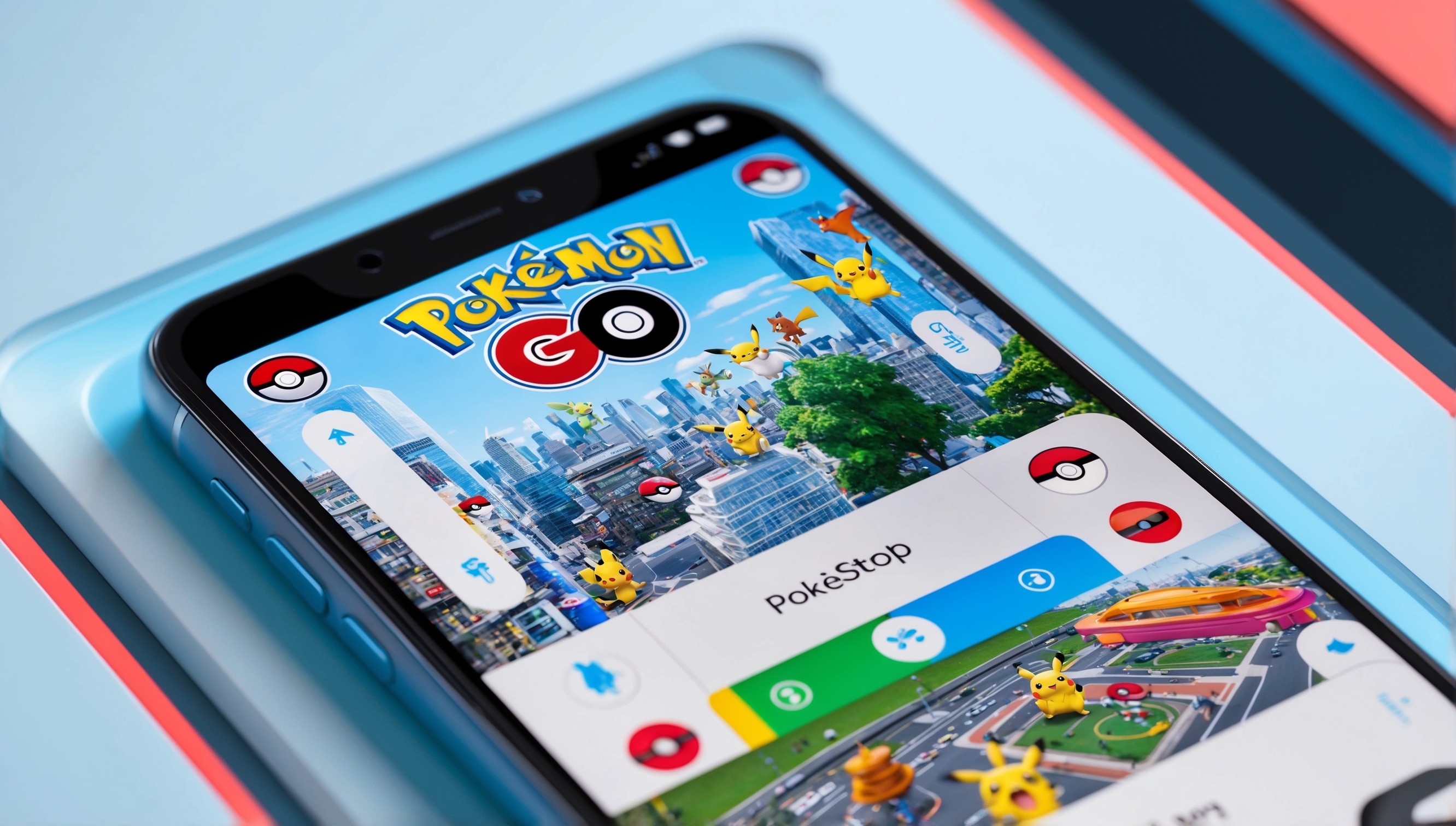 A screenshot of the Pokémon GO app on a modern smartphone, with a bright and colorful interface, showcasing a virtual map of a urban city with various Pokémon and PokéStops scattered throughout, the navigation buttons and icons are sleek and modern, with a bold font and bright colors, the Pokémon GO logo is prominently displayed at the top of the screen, with a red and blue color scheme, the background of the app is a light blue tone, with a subtle gradient effect, the entire image has a sense of depth and dimension with subtle shadows and highlights, the overall aesthetic is fun, adventurous and youthful.