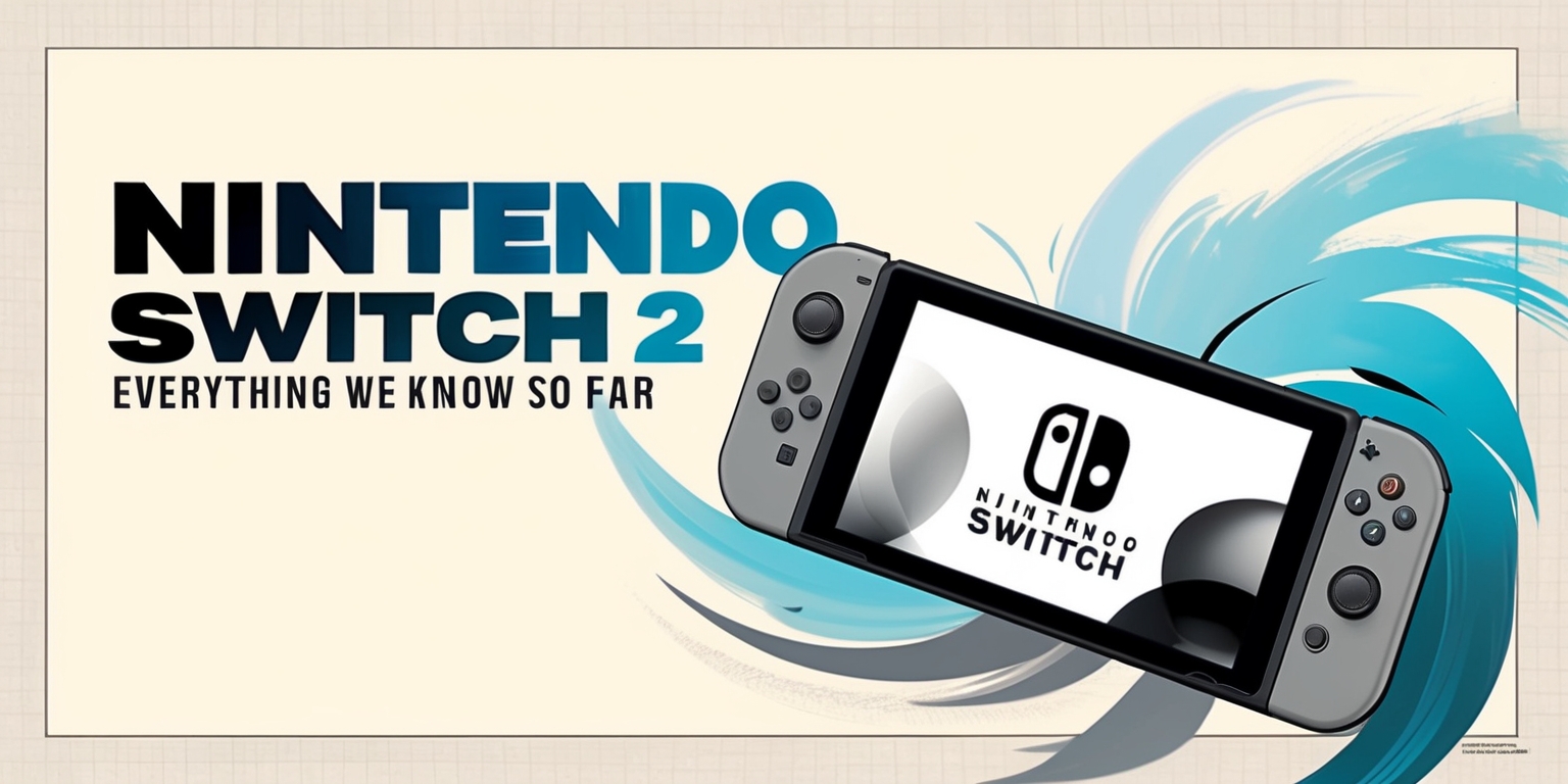 A stylized modern journalistic illustration featuring a bold, eye-catching headline Nintendo Switch 2: Everything We Know So Far emblazoned across the top of the image in a sleek, metallic font with a subtle gradient effect, blending shades of electric blue and silver. The background is a warm, creamy white, evoking a sense of professionalism and newsprint. A sleek, minimalist rendering of the Nintendo Switch 2 console sits prominently at the center, with intricate details and subtle shadows, surrounded by abstract swirls of light blue and gray, hinting at the excitement and innovation of the upcoming gaming device. The entire composition is framed by a thin, modern border with a faint grid pattern, adding a touch of sophistication and technology. The overall aesthetic is modern, fresh, and cutting-edge, exuding a sense of urgency and importance.