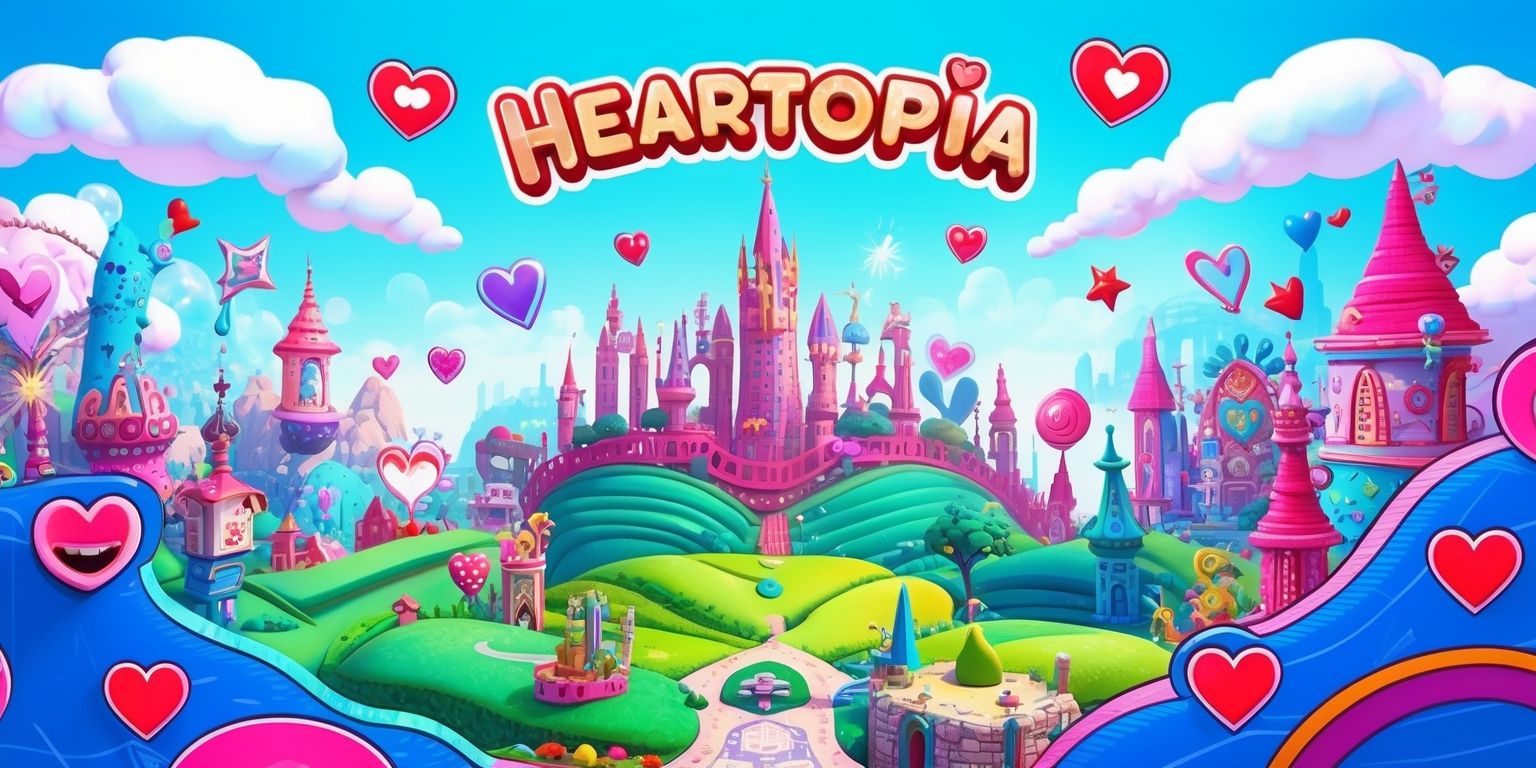 A vibrant and whimsical digital illustration of the Heartopia game, featuring a fantastical cityscape with rolling hills, towering spires, and intricate details, set against a bright blue sky with fluffy white clouds, with a mix of pastel colors and neon hues, and a sense of depth and dimensionality, with various game characters and symbols scattered throughout the scene, including hearts, stars, and other motifs, all rendered in a stylized and dreamlike quality, with bold lines, textures, and patterns, and a overall sense of wonder and enchantment, inviting the viewer to step into the world of Heartopia.