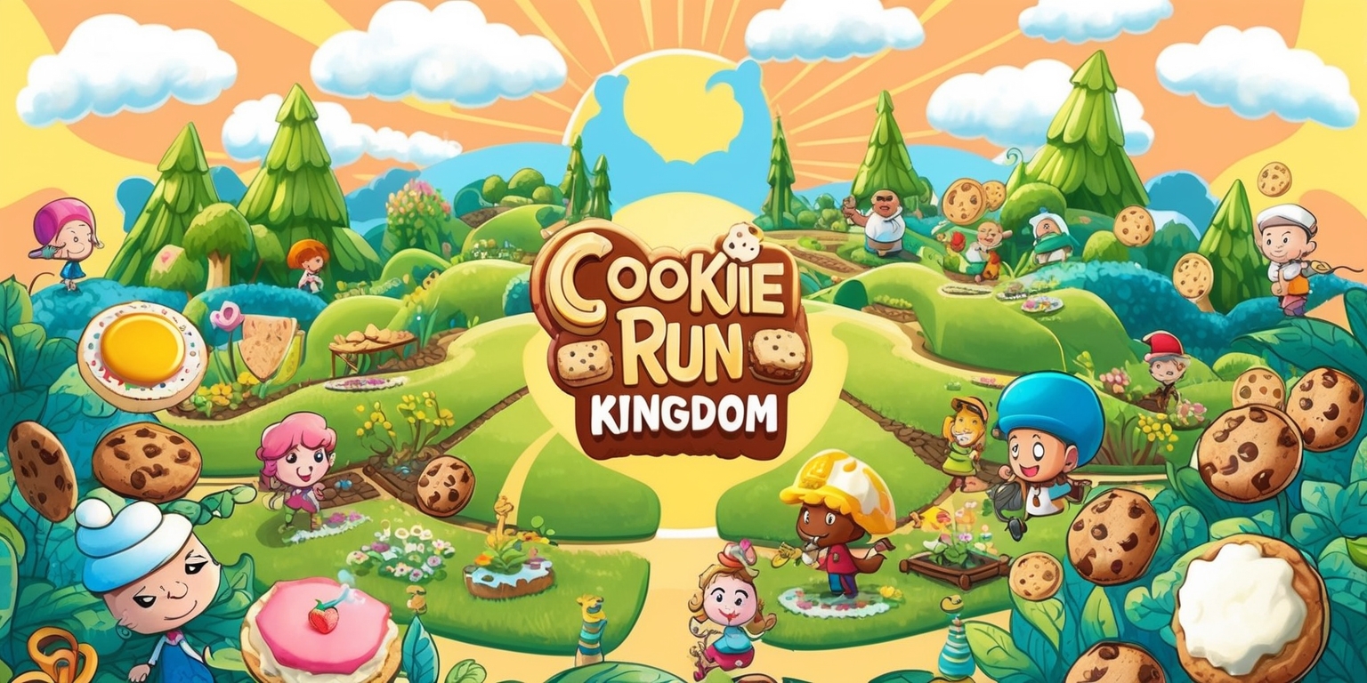 A whimsical illustration of the Cookie Run: Kingdom game, set against a warm, sunny background with fluffy white clouds, depicting a lush green landscape with rolling hills and towering trees, evoking a sense of wonder and magic. The Cookie characters, each with their unique facial features, skin tones, and attire, are scattered throughout the scene, engaged in various activities such as baking, gardening, and exploring. The dominant colors are pastel shades of pink, blue, and yellow, with golden accents and creamy whites, giving the image a soft, dreamy quality. The composition is busy yet balanced, with characters and objects arranged in a circular pattern, drawing the viewer's eye to the center of the image. The overall style is reminiscent of a children's book illustration, with bold lines, soft textures, and intricate details, inviting the viewer to step into the charming world of Cookie Run: Kingdom.