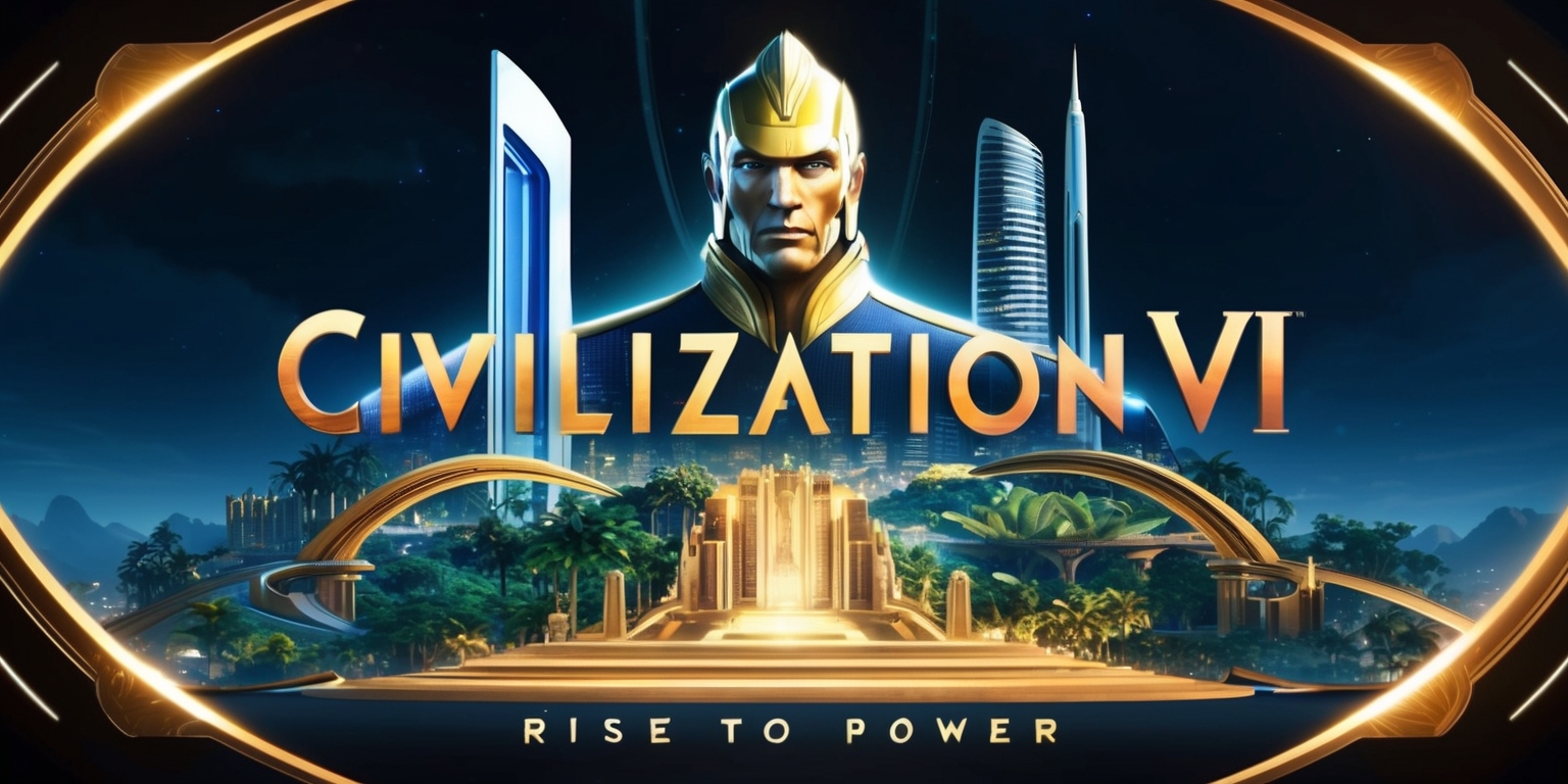 A futuristic, high-tech illustration of the Civilization VII game, set against a dark blue, starry night sky with subtle, glowing accents, featuring a majestic, gold-lit cityscape in the foreground, with sleek, modern skyscrapers and ancient, ornate ruins, blending seamlessly into a lush, vibrant environment, teeming with diverse flora and fauna, as a prominent, majestic leader's portrait stands proudly at the top, with sharp, defined facial features, a strong jawline, and piercing eyes, set against a radiant, golden background, adorned with intricate, curved lines and ornate, ancient patterns, with the game's title, Civilization VII, emblazoned in bold, metallic font, with a subtle, gradient effect, and the tagline, Rise to Power, written in smaller, curved text, at the bottom of the image, surrounded by a thin, golden border, with subtle, glowing highlights.