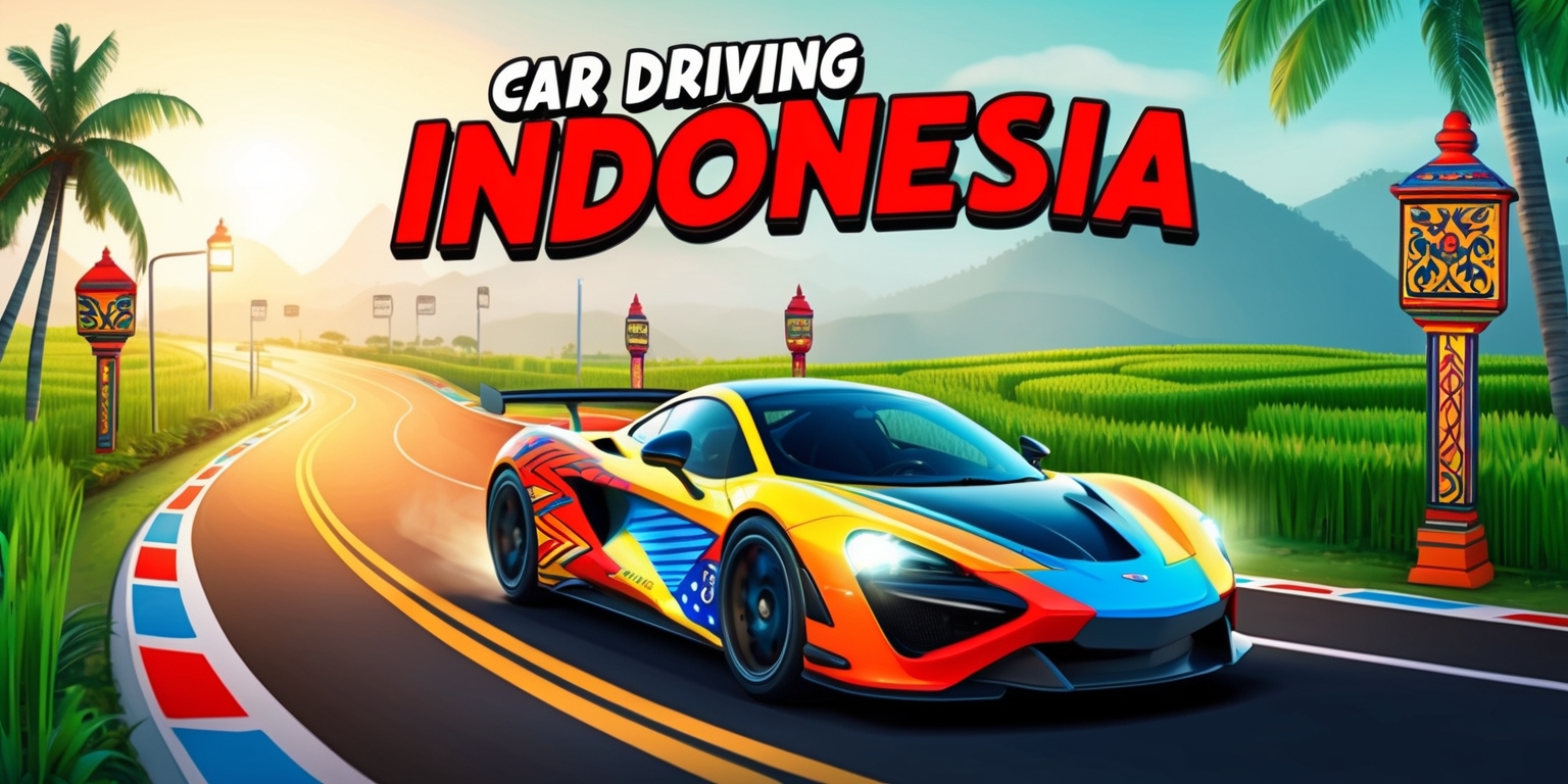 A colorful and vibrant illustration of a car racing game set in Indonesia, with a sleek, modern sports car speeding down a winding road that winds through lush green rice fields and towering palm trees, with a subtle hint of misty mountains in the background, the car's headlights glowing bright against the warm, golden light of a tropical sunset, the road lined with traditional Indonesian streetlights and signs featuring bold, colorful graphics and stylized Batik patterns, the car's body adorned with vibrant decals and racing stripes in shades of red, blue, and yellow, the game's title Car Driving Indonesia emblazoned across the top of the image in bold, curved letters with a stylized font and a hint of graffiti-inspired flair.