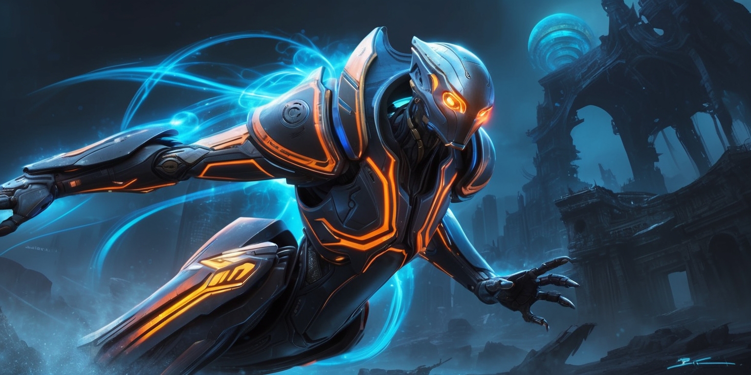 A futuristic, high-tech depiction of a Warframe, a sleek and agile humanoid robot, set against a dark, neon-lit cityscape or a sprawling, ancient alien ruins backdrop, with vibrant, electric blue and orange hues dominating the color palette, and subtle, glowing accents highlighting the Warframe's intricate, metallic body armor, with sharp, angular lines and curved, aerodynamic surfaces, its imposing, glowing eyes fixed intently on the viewer, surrounded by wispy, ethereal energy tendrils, as if harnessing the power of the Orb, with a subtle, misty atmosphere and a sense of dynamic movement, as if the Warframe is about to leap into action, with bold, sweeping brushstrokes and textured, metallic surfaces evoking a sense of intensity and power.