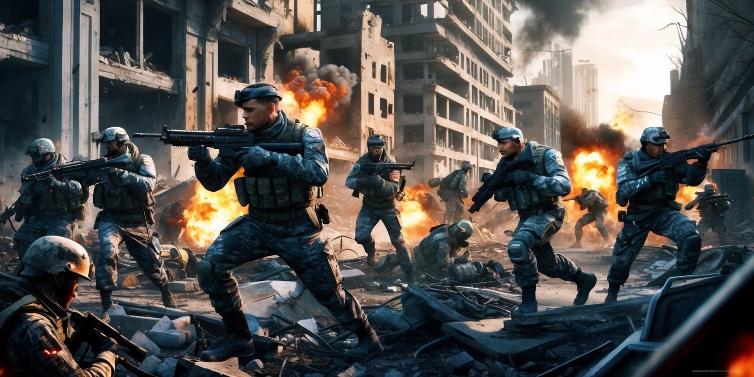 A dramatic scene from the fictional world of Battlefield 6, set amidst a war-torn cityscape with devastated buildings and debris-filled streets, featuring a mix of soldiers in futuristic camouflage uniforms, with diverse facial features and skin colors, engaged in intense combat, surrounded by explosions, flames, and smoke, with a dark and gritty color palette dominated by shades of gray, brown, and black, and hints of vibrant colors from explosions and military equipment, in a dynamic layout with a low-angle shot, capturing the chaos and destruction of war, with a focus on the emotional intensity of the soldiers' faces and the devastating impact of the battlefield on the environment.