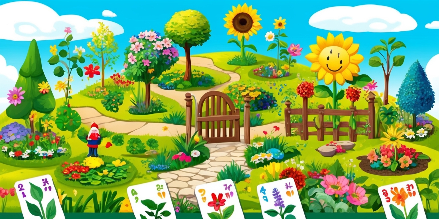 A colorful illustration of a vibrant garden with various flowers, trees, and plants, set against a bright blue sky with fluffy white clouds, in the style of a whimsical board game, featuring rolling hills, winding stone paths, and a large wooden gate, with a few garden gnomes and other decorative elements, including a large sunflower with a smiling face, and a few playing cards or game pieces scattered around, with bold typography and bright colors, and a sense of growth and development, as if the garden is flourishing and evolving, with a mix of realistic and fantastical elements, and a overall sense of wonder and enchantment.