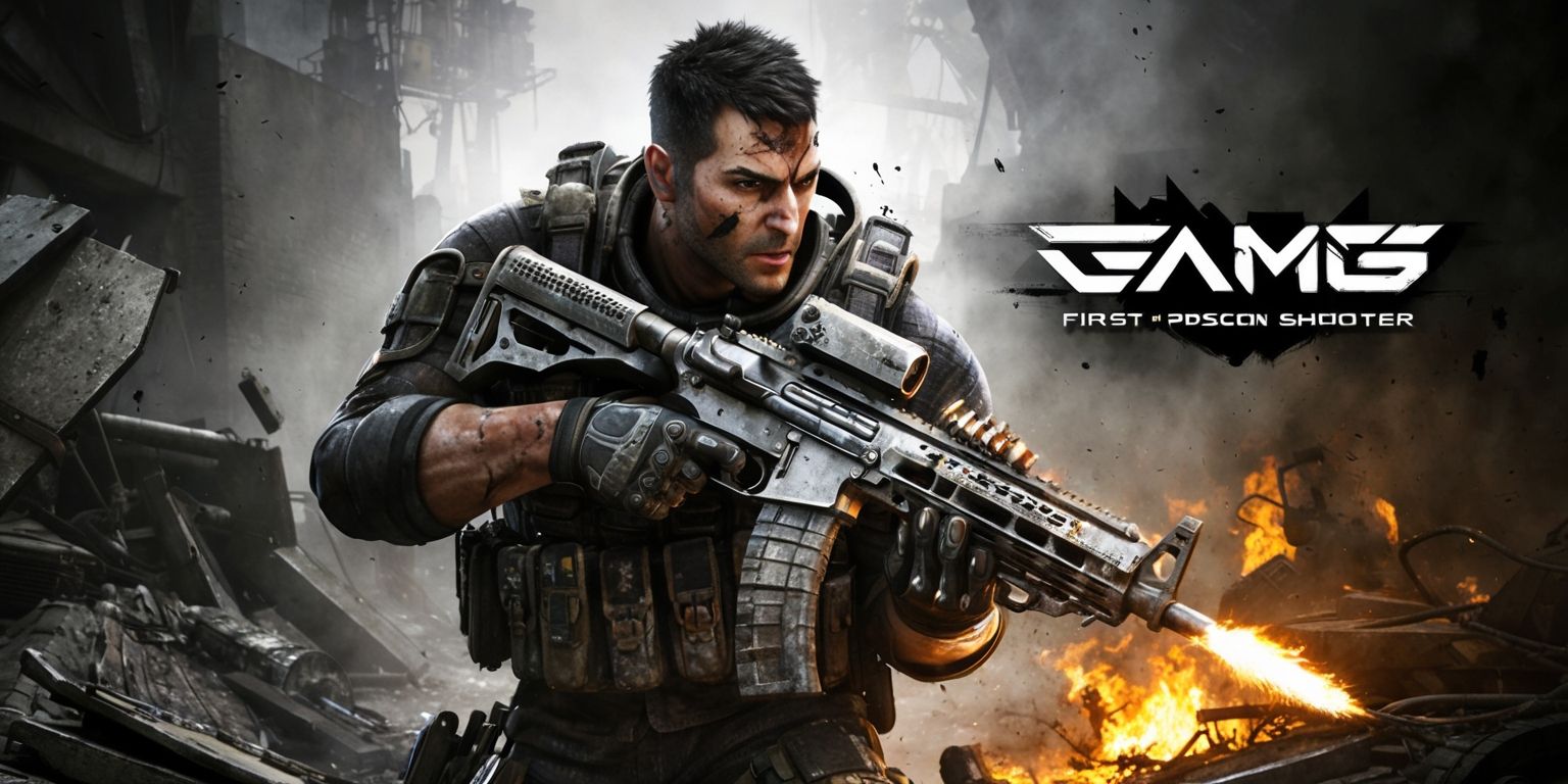 A gritty, high-octane first-person shooter game scene with a dark, rugged, and worn aesthetic, set in a dystopian, war-torn environment, featuring a heavily armed, intense, and focused protagonist, with sharp facial features, and a determined expression, wearing a mixture of tactical gear and scavenged armor, with a prominent, futuristic, metallic assault rifle, and an array of deadly, specialized tools, amidst a chaotic, explosive, and smoky atmosphere, with shattered concrete, twisted metal, and flickering, warm, orange-yellow flames, and a bold, metallic, sans-serif font displaying the game title, with sharp, geometric lines, and a dark, muted color scheme, dominated by shades of gray, black, and metallic silver.