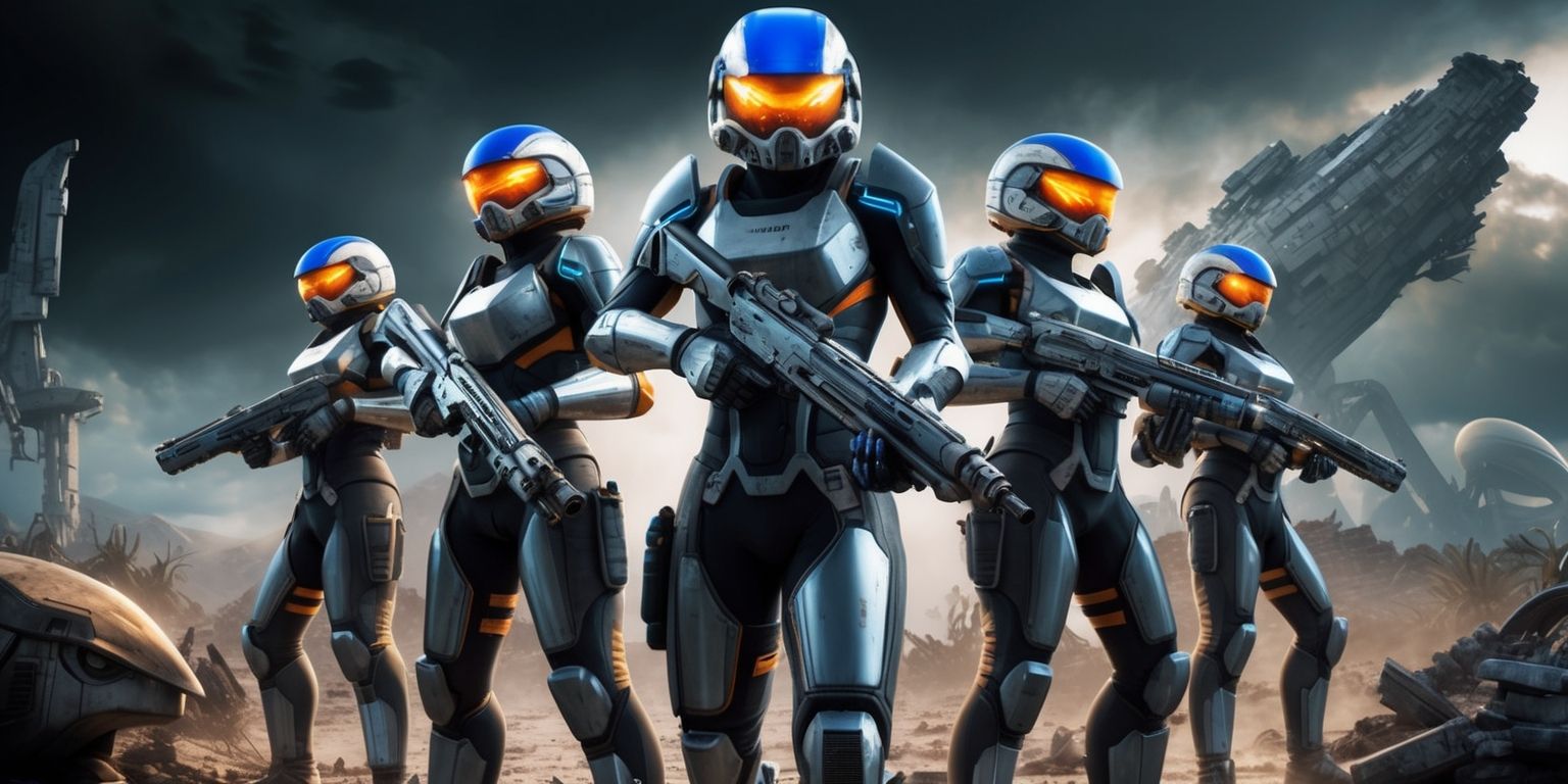 A futuristic sci-fi scene depicting a group of Arc Raiders from the game, set against a dramatic backdrop of a ravaged planet with a dark and ominous sky, the raiders are dressed in sleek high-tech exosuits with metallic armor plating, vibrant blue and orange accents, and distinctive helmets with glowing visors, their facial features obscured by the helmets, they are armed with advanced energy rifles and standing heroically amidst the ruins of an alien landscape, with a massive crashed spaceship looming in the distance, the color palette is dominated by muted grays and browns, with bursts of bright blue and orange from the raiders' suits, the overall style is highly detailed and realistic, with a focus on dynamic lighting and textures.
