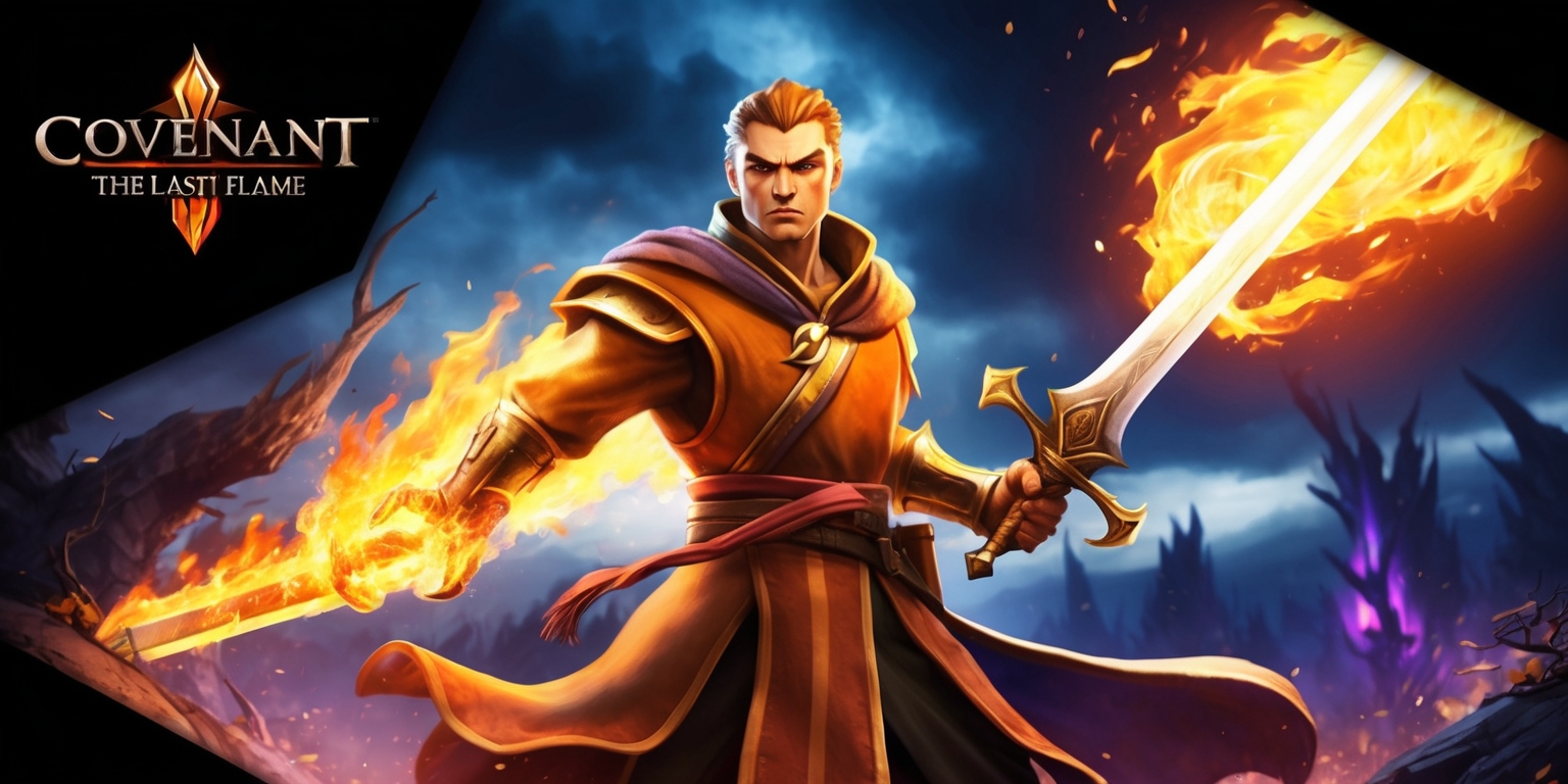 A dramatic scene from the Covenant: The Last Flame mobile game, featuring a heroic figure with determined facial features and a strong jawline, standing in the center with a fiery sword in hand, set against a dark fantasy backdrop with a blazing flame that illuminates the surrounding environment, the character's skin has a warm golden undertone, and the flame's vibrant oranges and yellows contrast with the darker blues and purples of the night sky, the game's logo is embedded in the top left corner in a bold, metallic font with a subtle glow effect, the overall style is a mix of realistic and stylized elements with intricate details and textures, the layout is dynamic with the character placed slightly off-center, and the framing is close-up with the flame and sword taking up a significant portion of the scene.