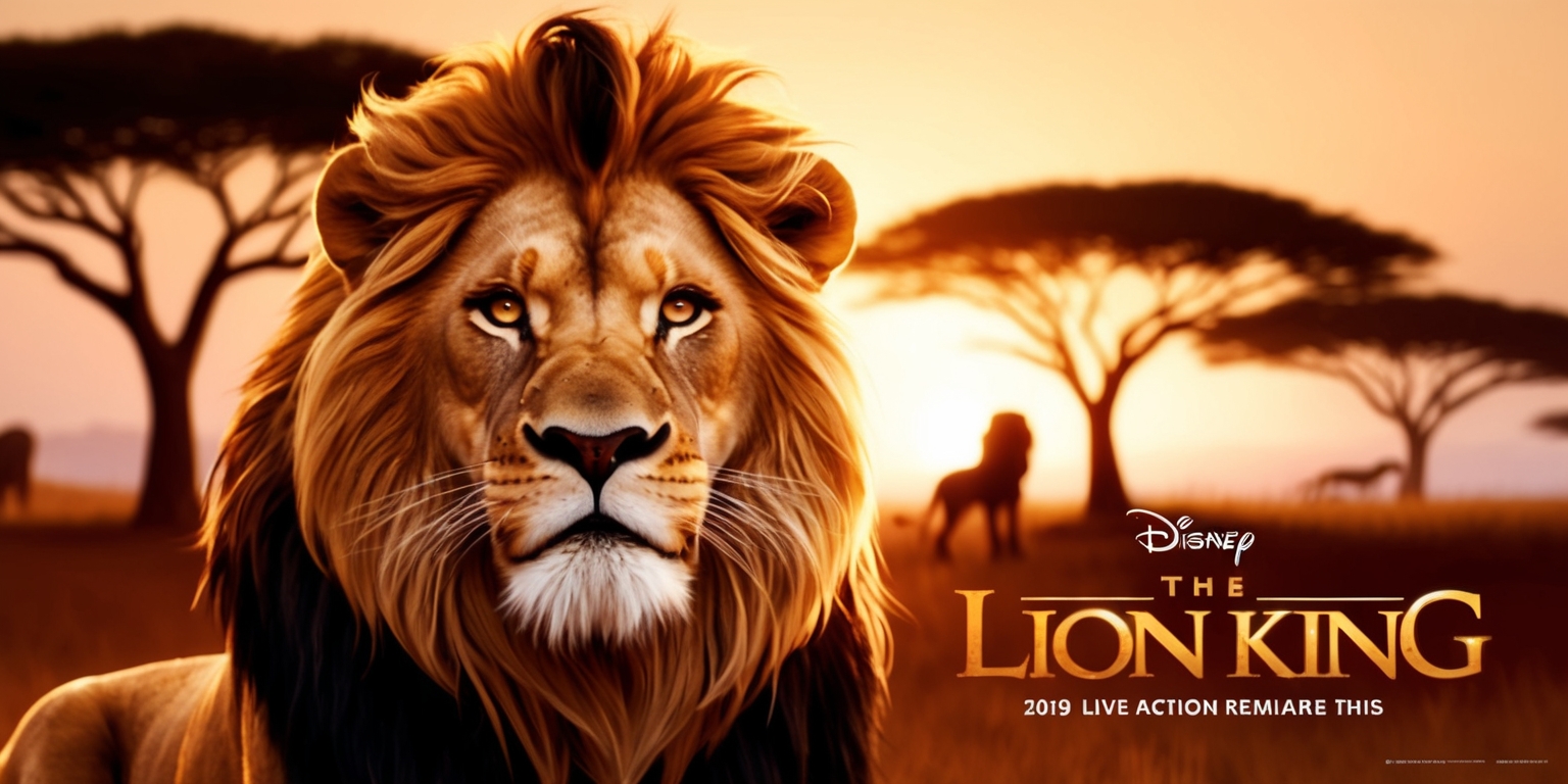 A majestic promotional poster for the 2019 live-action remake of The Lion King, set against a warm, golden-brown savannah landscape at sunset, with the silhouette of iconic acacia trees in the background, glowing with a soft, warm light, evoking a sense of nostalgia and adventure. In the foreground, a regal and powerful lion, Simba, with a shaggy golden mane and piercing brown eyes, gazes out at the viewer with a fierce yet endearing expression, his ears perked up and his whiskers twitching slightly. The Disney logo, in bold, modern font, is emblazoned in metallic gold at the top of the poster, while the title The Lion King is written in curved, whimsical letters, reminiscent of African tribal art, in a warm, earthy tone that complements the savannah hues. The entire scene is bathed in a warm, cinematic glow, with subtle textures and shading that evoke the film's photorealistic CGI.