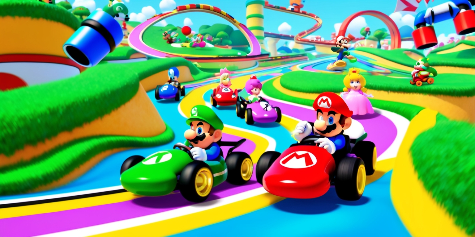 A vibrant, colorful illustration of Mario Kart World, a fantastical racing circuit set in a whimsical, dreamlike environment, with Mario, Luigi, Princess Peach, and other beloved characters from the Mario universe speeding by in their iconic karts, amidst lush green grass, rolling hills, and twisting tracks, with faintly visible Warp Pipes, Goombas, and Question Mark Blocks in the background, all rendered in a stylized, exaggerated, and playful 3D style reminiscent of the classic video game, with bold lines, rounded shapes, and a sense of dynamic energy, as if the scene is frozen in mid-race, capturing the thrill and excitement of the high-speed competition.