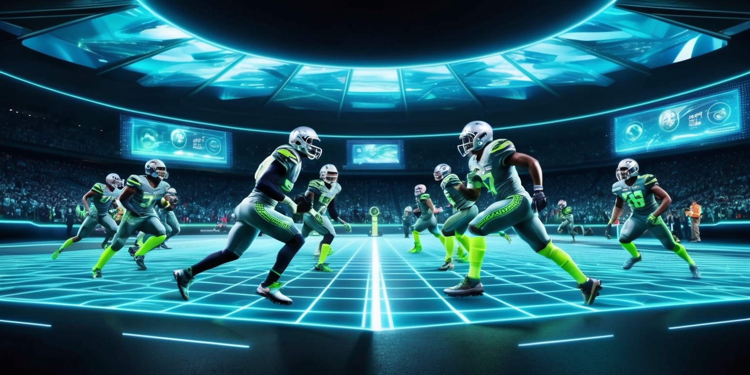 A sleek, neon-lit, high-tech football stadium, set against a dark, with holographic advertisements and a giant, wraparound LED scoreboard, displaying real-time game stats, as players, wearing advanced, aerodynamic, silver and neon-green jerseys, with glowing accents, and sleek, high-top cleats, clash on the translucent, grid-patterned field, amidst a sea of cheering, and blue-lit spectators, in a futuristic, cyberpunk-inspired atmosphere, with sharp, angular lines, and a sense of intense, fast-paced competition.