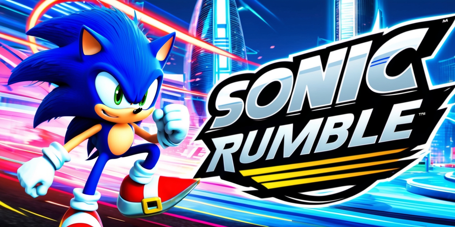 A vibrant and dynamic illustration of the Sonic Rumble game, featuring Sonic the Hedgehog as the main character, with a determined expression on his face, blue spikes, and a muscular build, set against a backdrop of a futuristic cityscape with sleek skyscrapers and neon lights, with a chaotic rumble effect in the background, incorporating bold lines, bright colors, and a sense of speed and energy, with the game's logo prominently displayed in a bold, silver font with a blue glow effect, and the tagline written in a curved line above the logo in a stylized, yellow font.