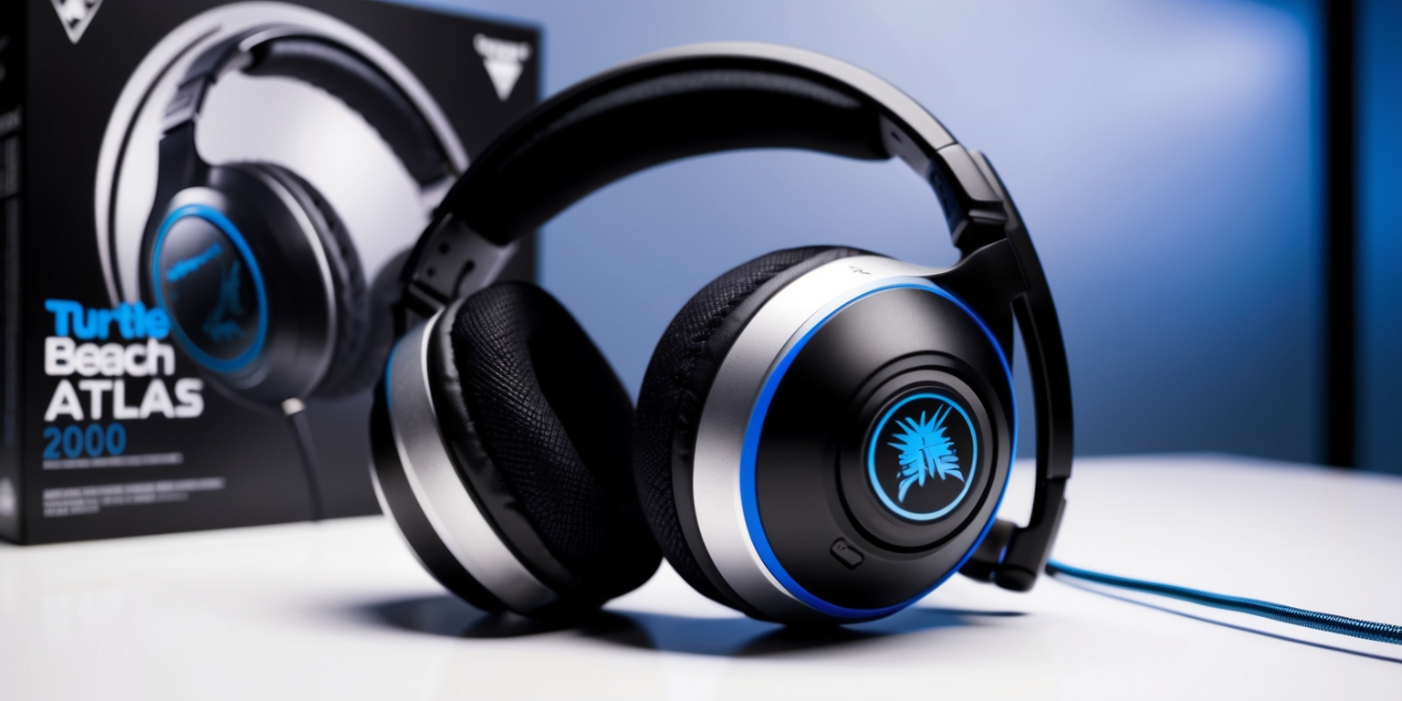 A close-up photograph of the Turtle Beach Atlas 200 headset sitting on a sleek, modern desk with a blurred background, the headset's ear cups and headband showcased in detail, with a mix of matte and glossy finishes, the Turtle Beach logo prominently displayed in a stylized, silver font on the side of the ear cup, the color scheme featuring a combination of black, silver, and accents of blue, the overall aesthetic conveying a sense of gaming professionalism, with the product's packaging and review notes subtly visible in the background, including a few lines of text from the review in a clean, sans-serif font, highlighting the key features and benefits of the headset.
