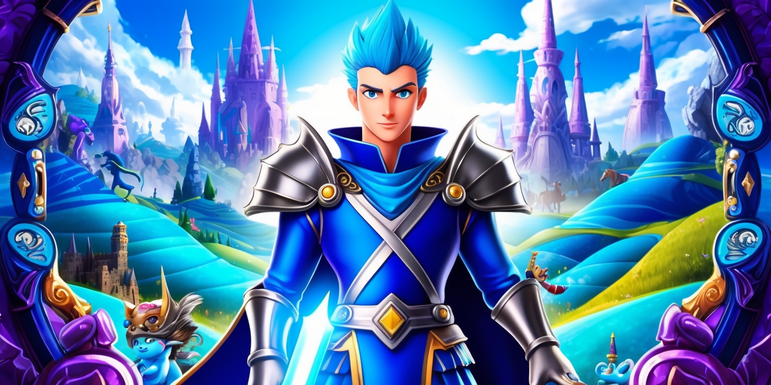 A vibrant digital illustration of the Blue Prince game, featuring a regal prince character with a strong jawline, bright blue eyes, and short, spiky blue hair, wearing a sleek blue and silver armor set, set against a stunning blue and purple fantasy landscape with rolling hills, towering spires, and a bright blue sky, the prince stands heroically with a glowing blue sword in hand, surrounded by intricate game-inspired details and mystical creatures, with bold, colorful graphics and a mix of realistic and stylized textures, the overall aesthetic is dynamic, energetic, and deeply immersive, with a sense of adventure and excitement, the color palette is predominantly blue, with accents of silver, purple, and gold, creating a rich and captivating visual experience.