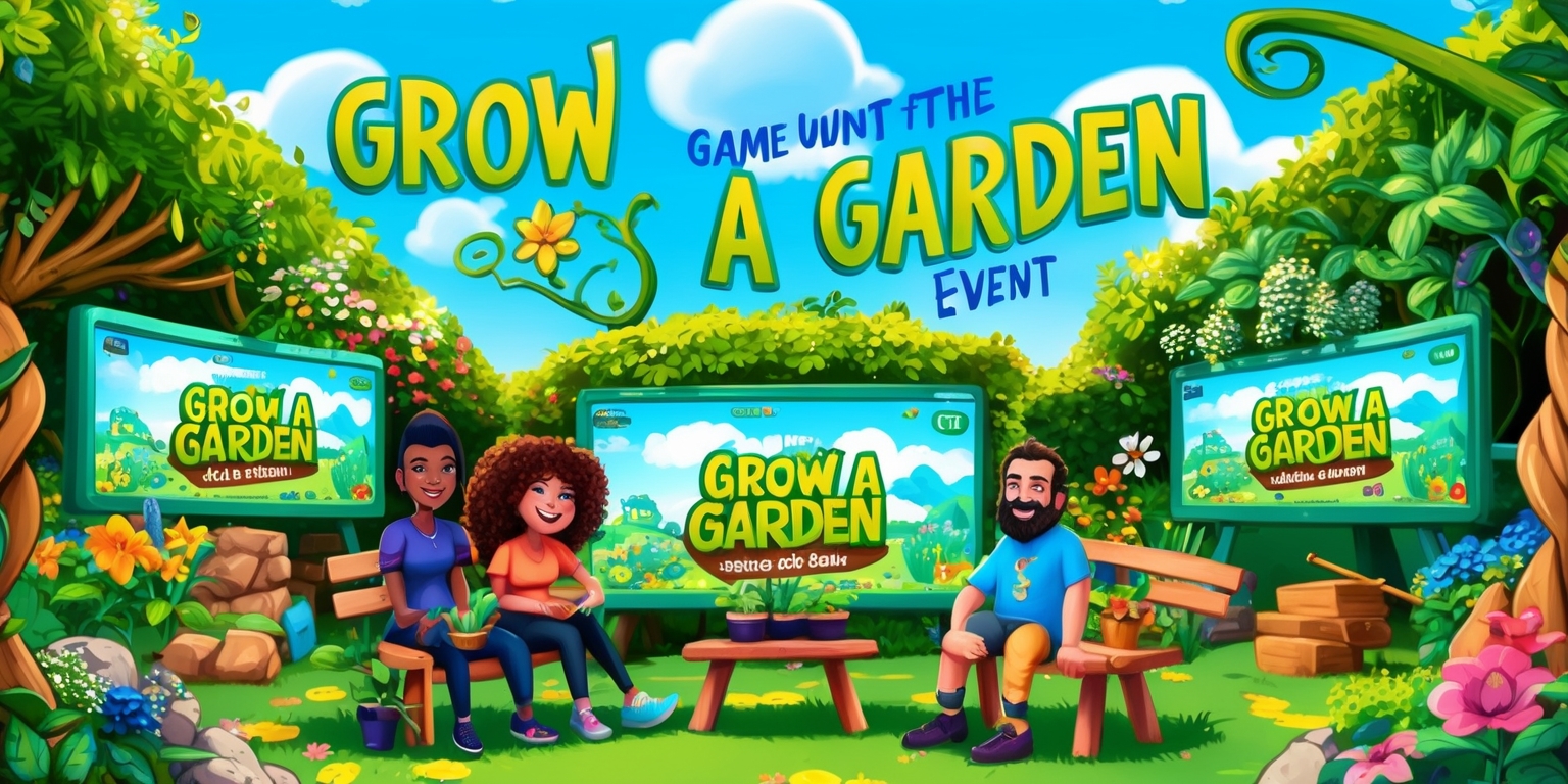 A vibrant and colorful illustration of a whimsical garden setting with lush greenery and assorted flowers for the Grow a Garden game event, featuring a bright blue sky with fluffy white clouds, a few gamers of diverse skin colors and unique facial features, such as a woman with curly brown hair and a man with a beard, sitting on a bench surrounded by gardening tools and large screens displaying the game, with bold, playful fonts and logos in shades of green and blue, incorporating natural textures like wood and stone, and creative layout elements like twisting vines and blooming flowers, all blending together in a beautiful and lively scene that captures the excitement and joy of the game event.