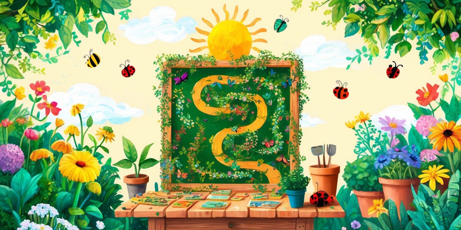 A whimsical illustration of a vibrant garden, teeming with lush greenery and colorful blooms, set against a soft, sunny background with fluffy white clouds. In the center, a wooden gardening table holds a beautifully crafted, intricately designed game board, surrounded by potted plants and gardening tools. The game board features a winding path made of twisted vines, leading to a bright, golden sun at the top, with game pieces shaped like tiny garden creatures, such as butterflies, ladybugs, and bees. The entire scene is bathed in warm, natural light, with soft shadows and delicate textures, evoking a sense of wonder and serenity. The overall style is reminiscent of a classic, hand-painted children's book, with bold lines, expressive brushstrokes, and a mix of realistic and fantastical elements.