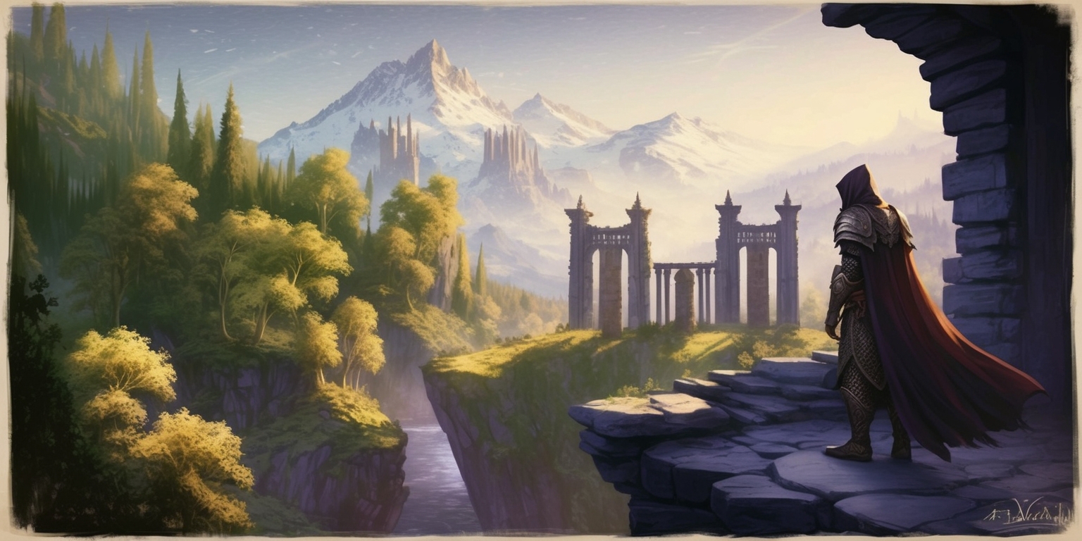 A hauntingly beautiful, nostalgic illustration of the fantasy world of Cyrodiil from the Oblivion game, showcasing a serene vista of lush green forests, majestic snow-capped mountains, and ancient ruins in the distance, with a warm, golden light casting long shadows, evoking a sense of wonder and adventure, rendered in a highly detailed, realistic style with subtle texture and depth, reminiscent of a classical oil painting, with a hint of mysticism and ancient lore, featuring the iconic Oblivion gates in the background, and a lone, cloaked figure, possibly the Hero of Kvatch, standing at the edge of a cliff, gazing out at the breathtaking landscape, with intricate, ornate armor and a determined expression, set against a subtle, gradient blue and purple sky with whispers of mist and fog.