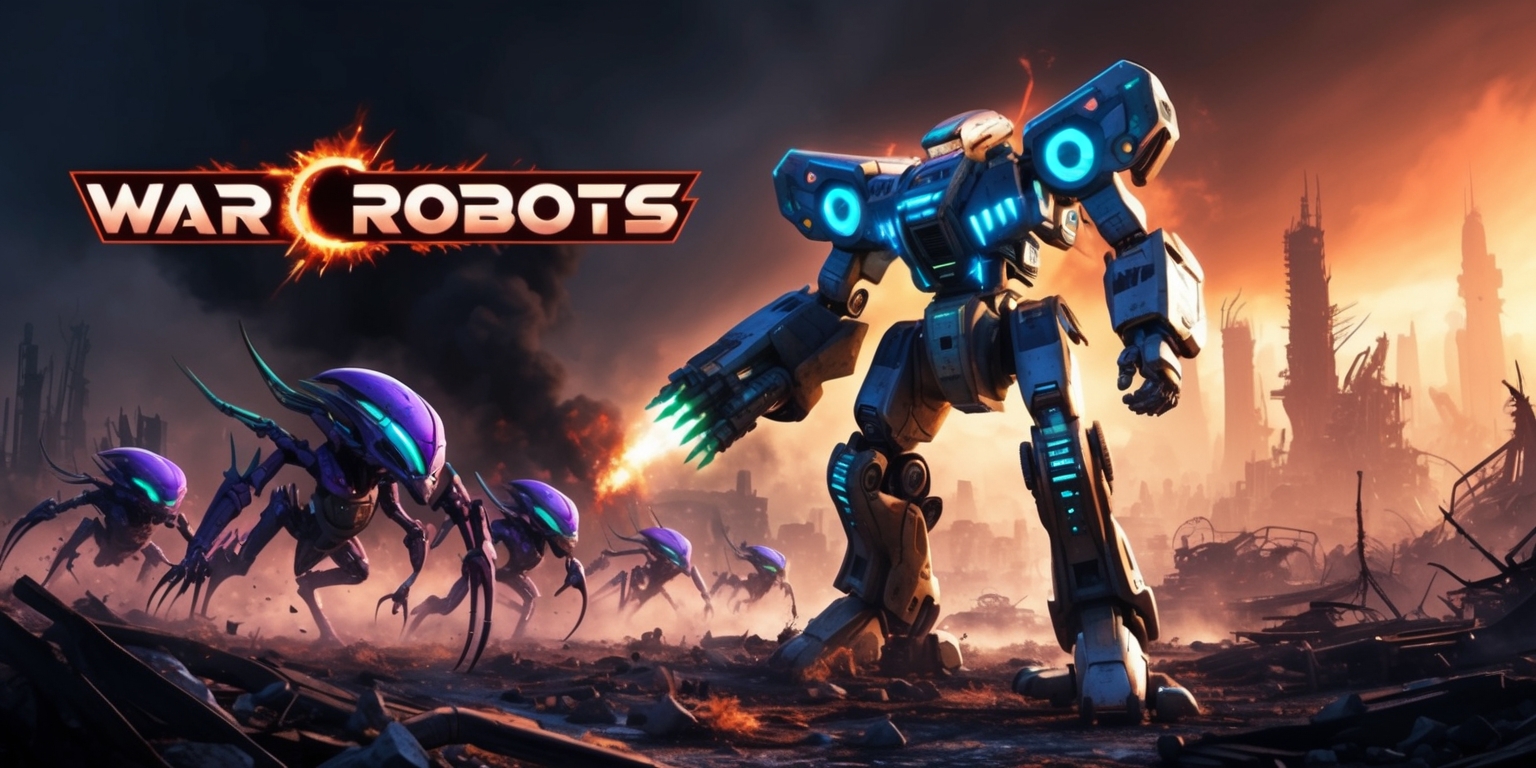 A futuristic, high-stakes battle scene depicting a towering, metallic mech robot standing tall amidst a desolate, war-torn alien landscape, surrounded by the remnants of a brutal conflict. The mech, adorned with glowing blue circuits and pulsing energy cores, stands ready with its massive, artillery-equipped arms, preparing to take on a swarm of agile, biomechanical alien creatures emerging from the dark, smoky horizon. The aliens are a deep, iridescent purple, with glowing green accents and razor-sharp claws. In the background, a ruined cityscape stretches towards the sky, with crumbling skyscrapers and twisted metal wreckage. The entire scene is bathed in a warm, orange-hued light, with intense, fiery explosions illuminating the darkening atmosphere. The game's logo, War Robots, emblazoned across the top of the image in bold, metallic lettering, with a stylized, neon-lit font.