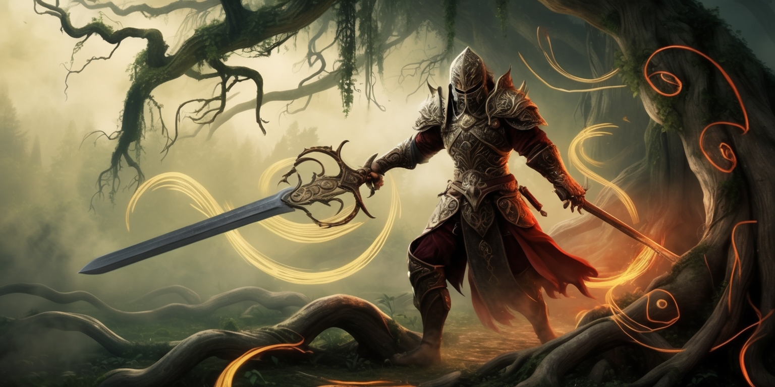 A dramatic, atmospheric illustration of a fantasy world inspired by the Avowed game, set against a misty, verdant backdrop with gnarled tree branches and sprawling roots, featuring a heroic figure clad in ornate, mystical armor, wielding a sword with an intricately designed hilt, surrounded by swirling tendrils of mist and mysterious, pulsing runes that seem to emanate an otherworldly energy, with the entire scene bathed in a warm, golden light that hints at ancient magic and forgotten lore, evoking a sense of wonder and adventure.