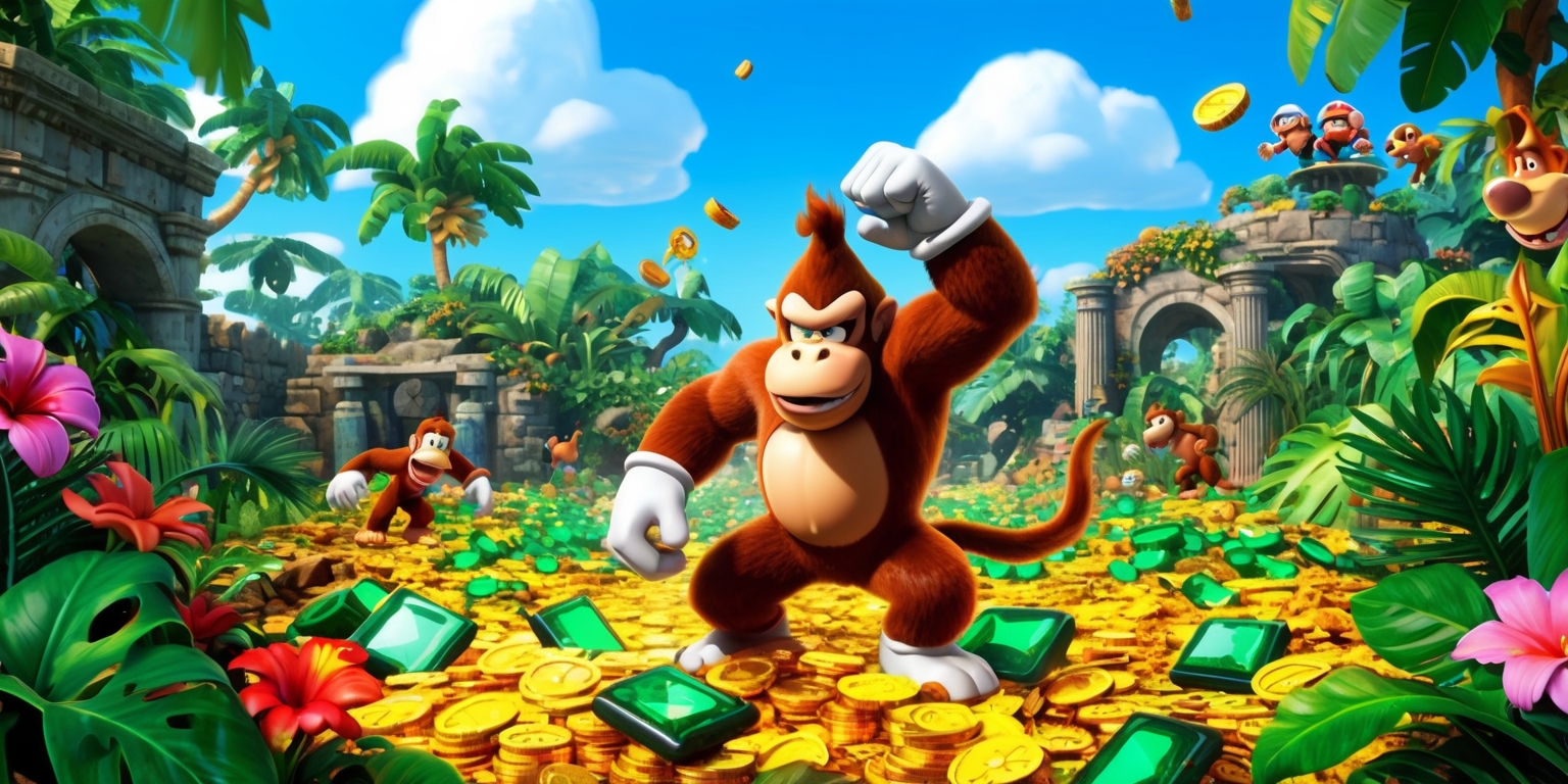 A vibrant and colorful scene depicting a chaotic jungle setting inspired by the Donkey Kong Bananza Emerald Rush DLC game, with the titular character Donkey Kong prominently featured in the center, surrounded by lush green foliage, exotic flowers, and ancient ruins, amidst a frenzy of emeralds and gold coins scattered throughout, with a bright blue sky and fluffy white clouds in the background, and a variety of colorful characters from the game such as Diddy Kong and Cranky Kong observable in the distance, all rendered in a dynamic and whimsical style reminiscent of classic video games, with bold lines, vivid textures, and intricate details that bring the game's world to life.