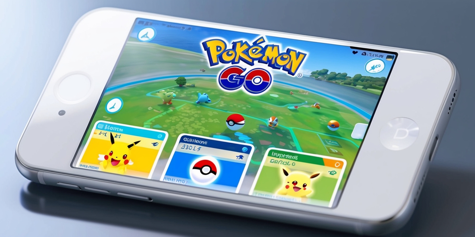 A screenshot of the Pokémon GO app playing on a modern smartphone, with a vibrant and colorful user interface featuring the iconic Pokémon GO logo at the top, displayed prominently in a white oval shape with a red and blue accents, against a subtle gradient background that transitions from light blue to white. The main screen displays a virtual map view with various Pokémon and PokéStops scattered throughout, with a few Pokémon cards at the bottom of the screen showcasing a Charizard, a Pikachu, and a Squirtle, each with its unique stats and characteristics. The phone's screen glows softly with a slight reflection, adding a touch of realism to the overall design. The Pokémon GO font, a modern sans-serif typeface, is used throughout the app, with bold headings and clean typography.