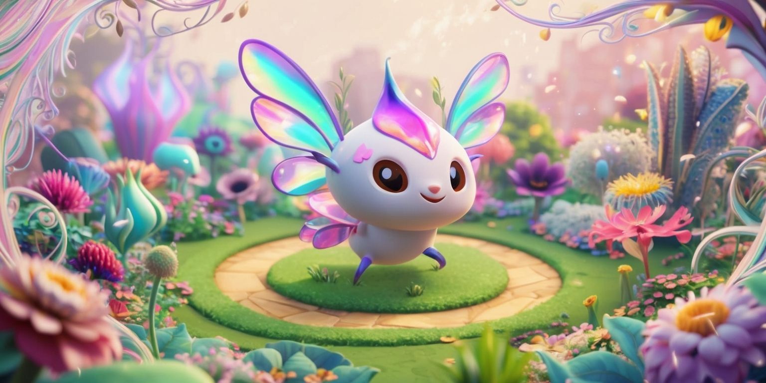 A whimsical digital illustration of the Grow A Garden game, featuring a unique, quirky in-game creature with iridescent wings and petals, set amidst a lush, vibrant garden filled with rare, mutated flora, with an emphasis on event-driven rarity and immersive audiovisual design, where the creature's functional and aesthetic value is showcased through its interaction with the garden, surrounded by delicate, swirling patterns and soft, shimmering light, with a mix of pastel and earthy tones, and intricate details that highlight the game's captivating and dreamlike quality.